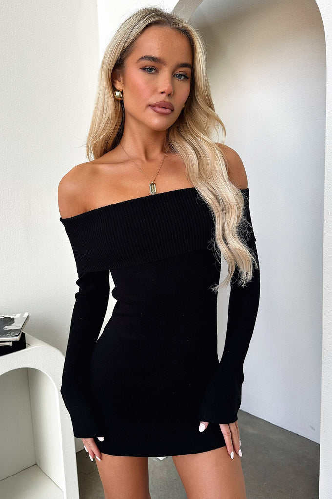 Aaliyah Off Shoulder Knit Mini Dress - Black Thats So Fetch UK Aaliyah Off Shoulder Knit Mini Dress - Black Thats So Fetch UK