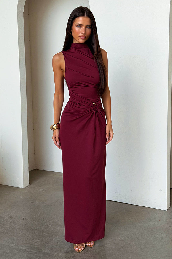 Amaris Mock Neck Maxi Dress - Burgundy