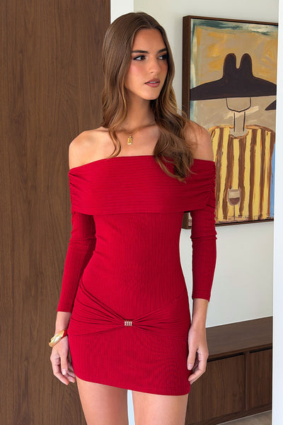 Ebonie Off-Shoulder Ribbed Mini Dress - Red