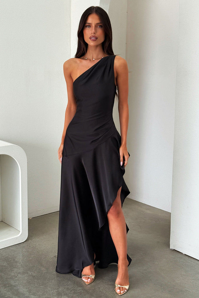 Leni One Shoulder Satin Maxi Dress - Black Thats So Fetch UK Leni One Shoulder Satin Maxi Dress - Black Thats So Fetch UK