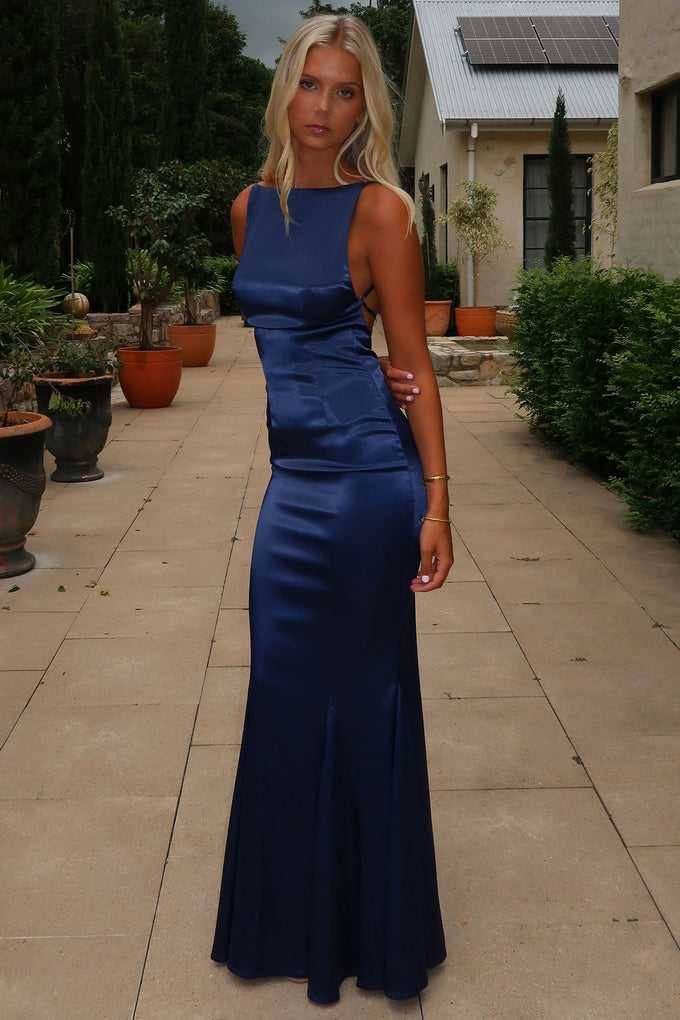 Margot High-Neck Satin Maxi Dress Navy – Thats So Fetch UK