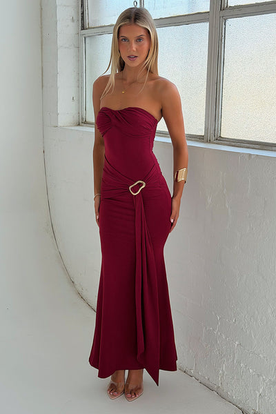 Monique Strapless Wrap Maxi Dress - Burgundy