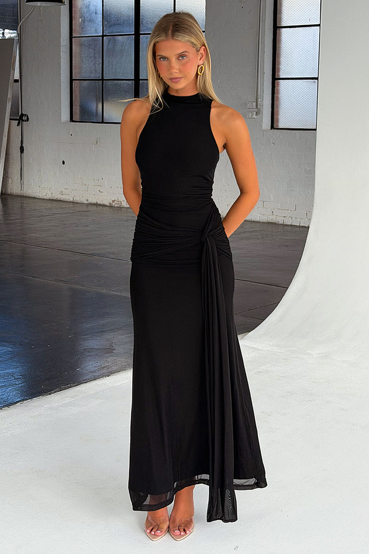 Sasha High Neck Mesh Maxi Dress - Black