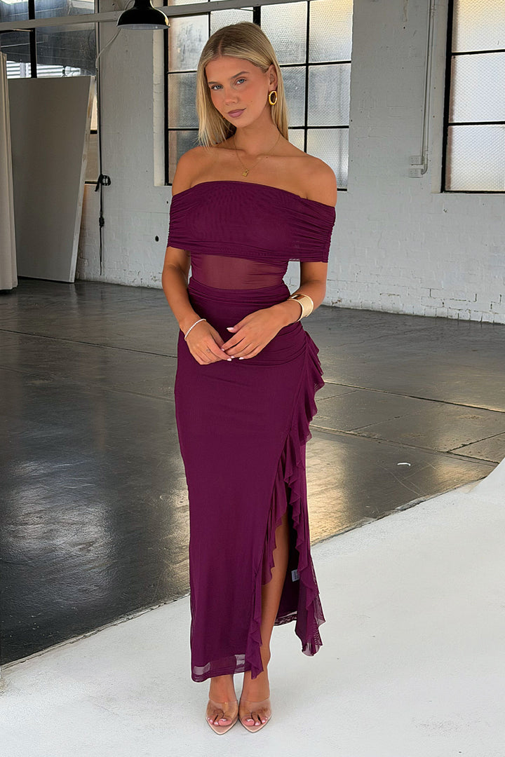 Saylor Off-Shoulder Mesh Maxi Dress - Plum