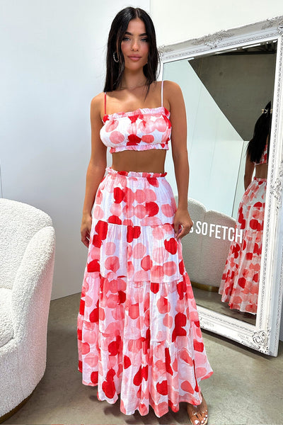 Selina Tiered Maxi Skirt - Red / White Print