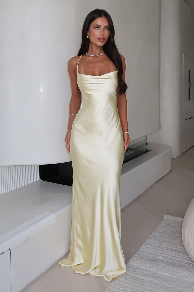 yellow satin dress uk It's Not The Same Maxi Dress Lemon